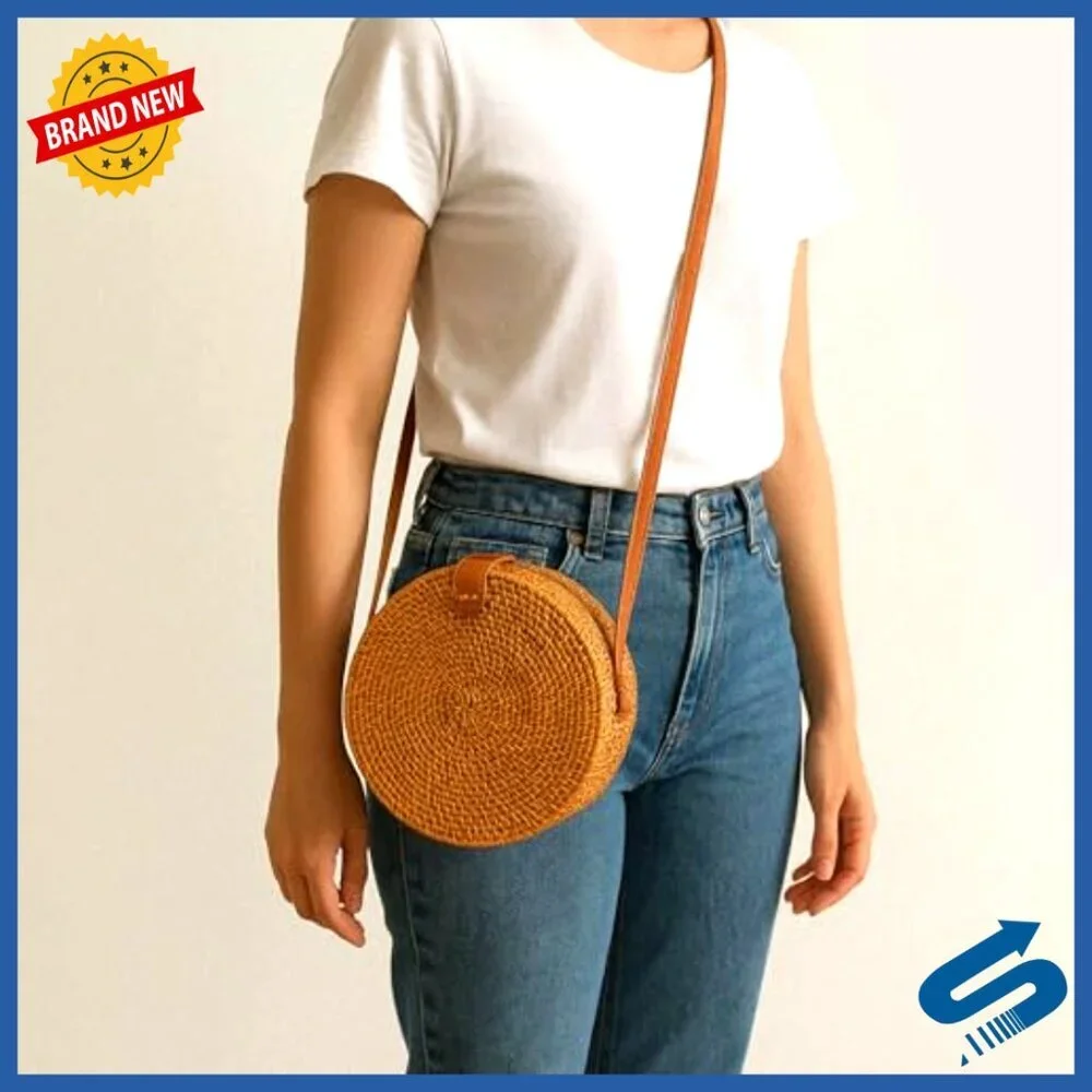 Round Rattan Crossbody Bag Handwoven Wicker Purse Summer Boho Chic